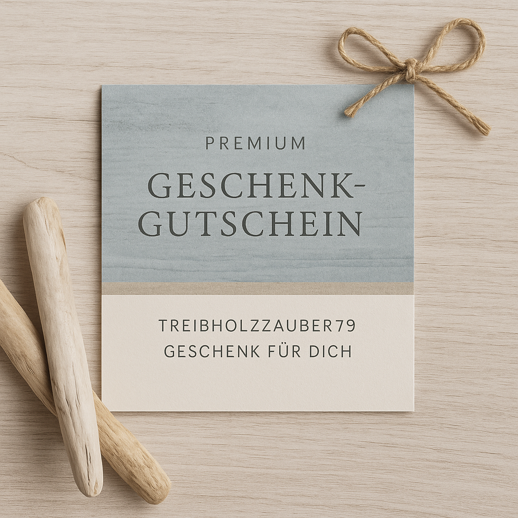 Eleganter Premium Geschenkgutschein von Treibholzzauber79 – für handgemachte Deko aus Naturmaterialien. 3 Jahre gültig.