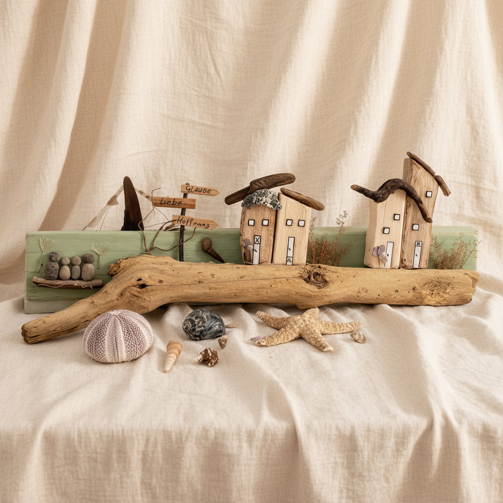 Treibholz Wanddeko mit Häusern – Maritime Holzdeko – Treibholzzauber79 & Meer