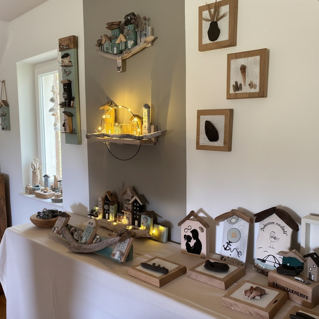 Ausstellung handgefertigter Holzkunstwerke, darunter Miniaturhäuser und gerahmte Kunstwerke. von Treibholzzauber79