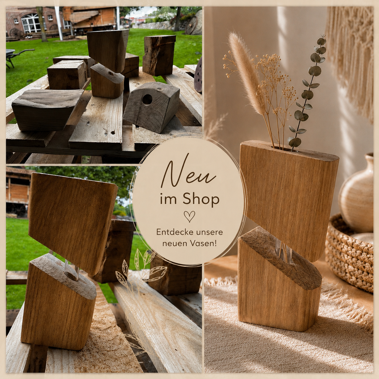 Handgefertigte Vasen aus massiver Eiche – natürliche Unikate für Skandinavisch, Hygge & Landhausstil. Aus Norddeutschland. Jetzt entdecken.