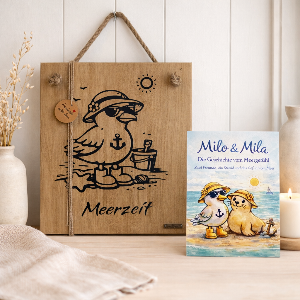 Milo und Mila maritime Holzschilder Küstenfreunde am Strand, nordisches Motiv mit Meer und dem Gefühl von Freundschaft