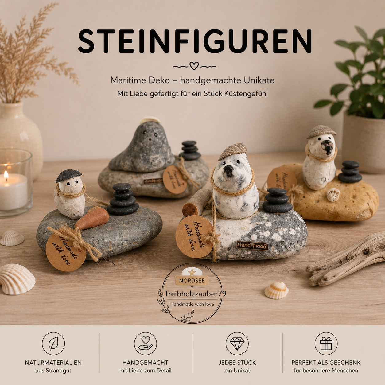 Steinfiguren maritime Deko aus Natursteinen – handgemachte Unikate mit Küstenflair für Zuhause und als besonderes Geschenk.