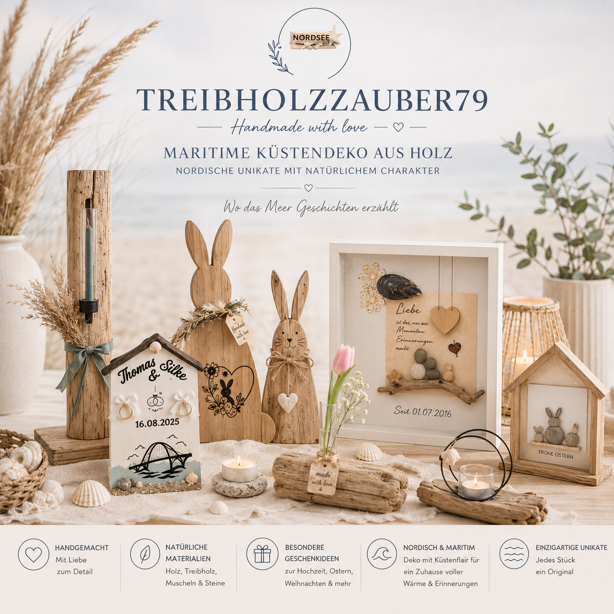 Maritime Küstendeko aus Holz und Treibholz – handgefertigte Unikate im nordischen Stil mit Kerzenhaltern und Wohndekoration.
