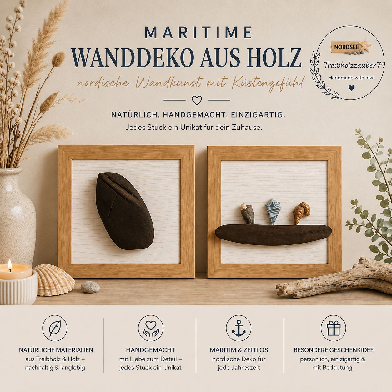 Maritime Wanddeko aus Holz im nordischen Stil – handgefertigte Wandkunst mit Strandfunden und natürlichen Materialien.