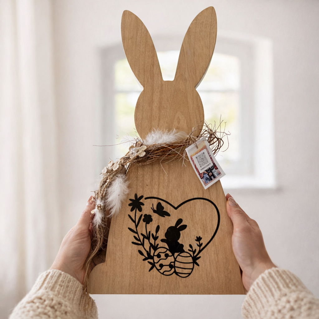 Holz Osterhase wird von einer Person in den Händen gehalten, natürliche Osterdekoration im nordischen Stil