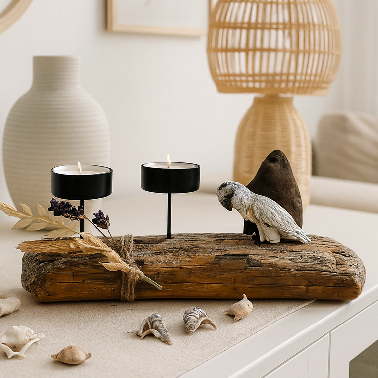 Teelichthalter aus Treibholz im Boho Style mit Steinfigur mit zwei schwarzen Metallkerzenhaltern. Küsten- und Naturthema.