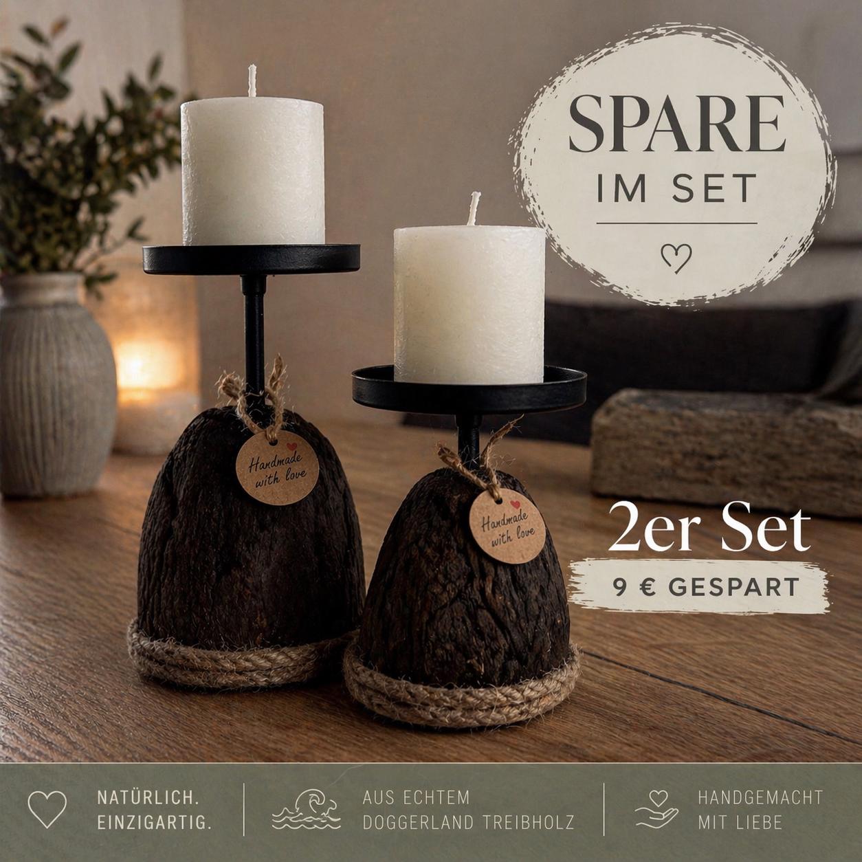 2er Set Treibholz Kerzenhalter aus Doggerland Holz, nordische Deko im maritimen Stil mit Metall Kerzenhaltern