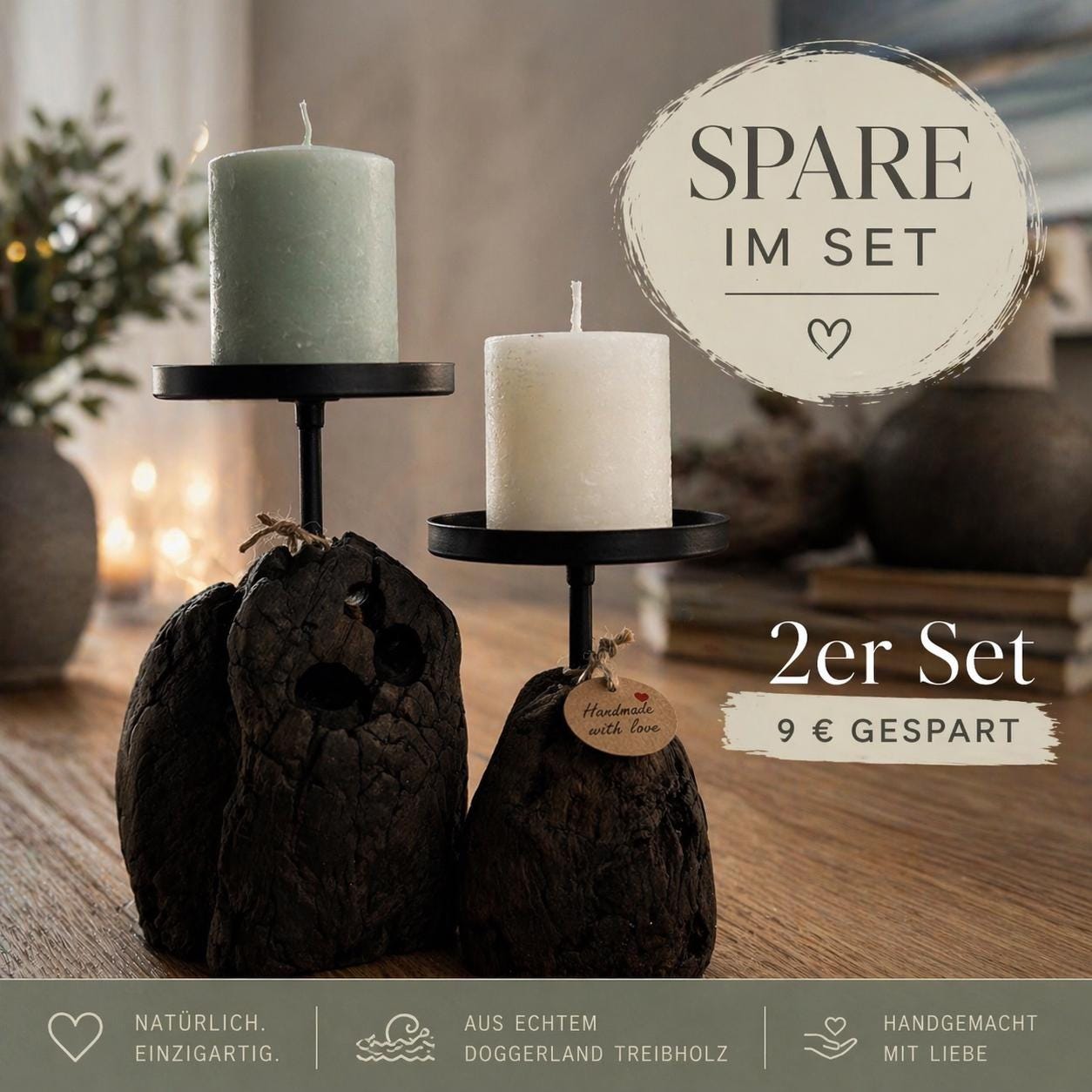 2er Set Treibholz Kerzenhalter aus Doggerland Holz, maritime Deko im nordischen Stil mit Metall Kerzenhaltern