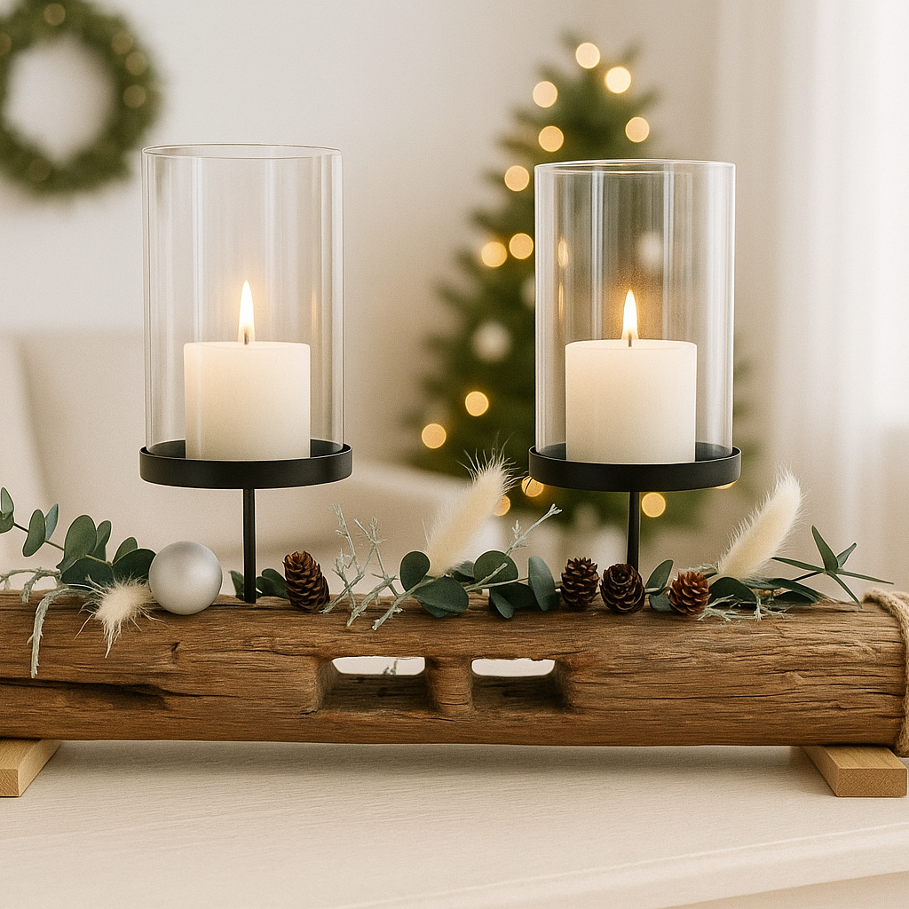 Treibholz Kerzenhalter 2 flammig mit zwei Glaszylinder und weißen Stumpenkerzen weihnachtlich dekoriert von Treibholzzauber79