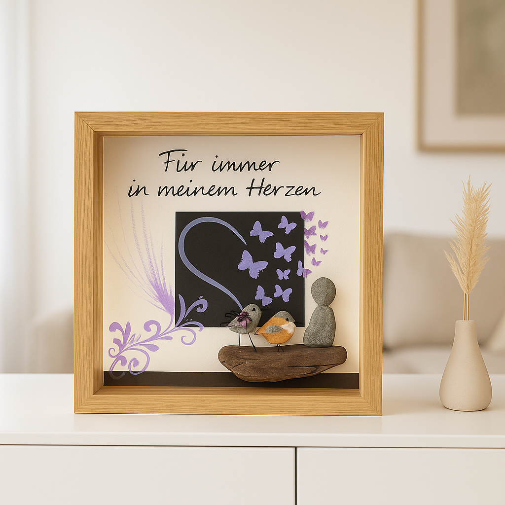 Personalisierter Bilderrahmen mit Schriftzug „Für immer in meinem Herzen“, Treibholz und Steinfigur auf Sideboard
