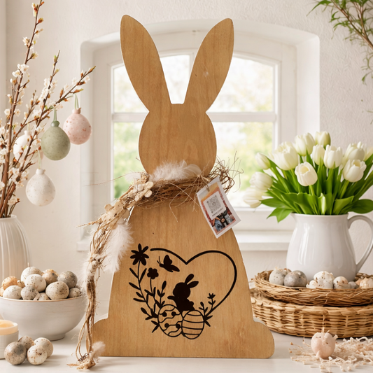Handgefertigter Osterhase aus Holz mit schwarzem Hasen- und Osterei-Motiv, dekoriert mit Naturkranz und Federn.