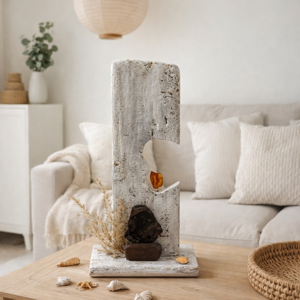 Skandinavische Treibholz Skulptur mit Bernstein auf Holzplatte in hellem nordischen Wohnzimmer dekoriert