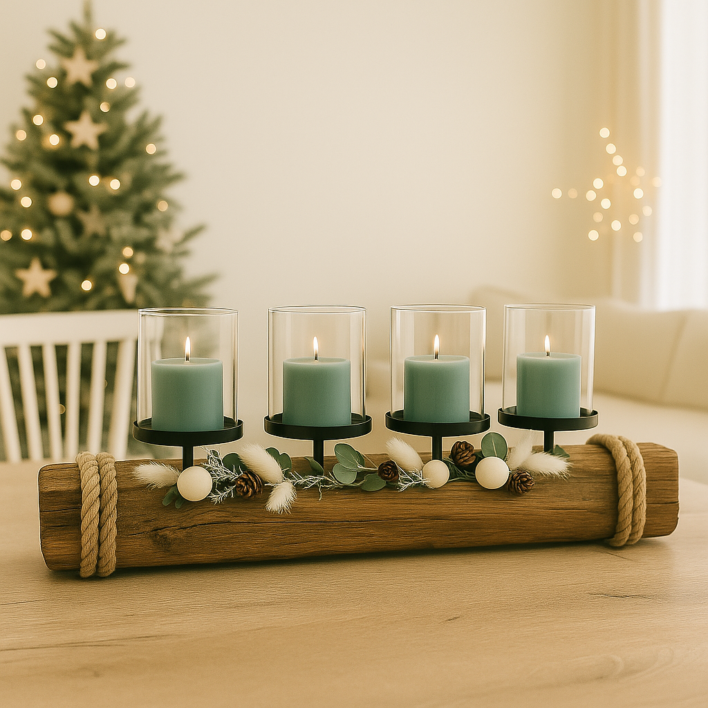 Adventskerzenhalter aus Eichenholz mit vier brennenden Kerzen und Glaszylinder im skandinavischen Weihnachtsambiente.