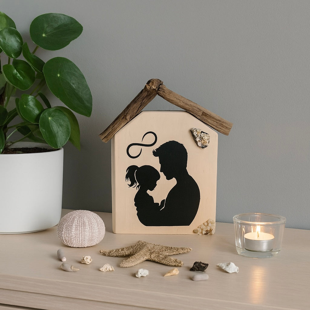 Holzhaus-Deko „Vater Tochter“ aus hellem Holz mit Treibholz-Dach; schwarze Silhouette von Vater und Tochter