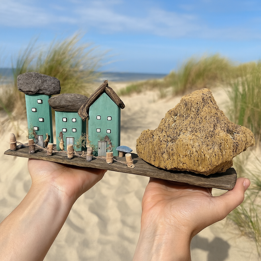 Deko wird am Strand in den Händen gehalten, Dünen im Hintergrund.