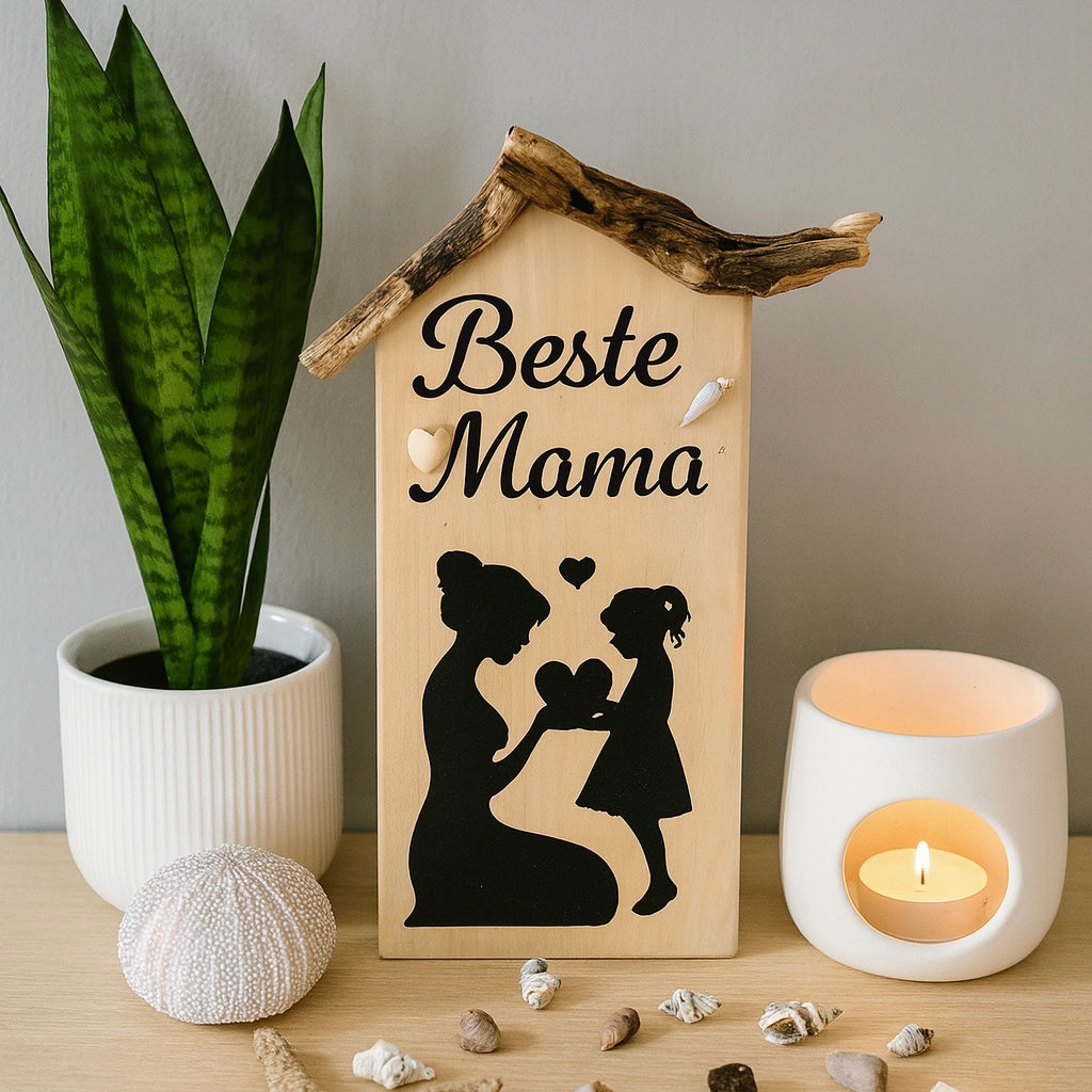 Holzhaus-Deko „Beste Mama“ aus hellem Holz mit Treibholz-Dach; schwarze Silhouette von Mutter und Tochter mit Herzmotiv.