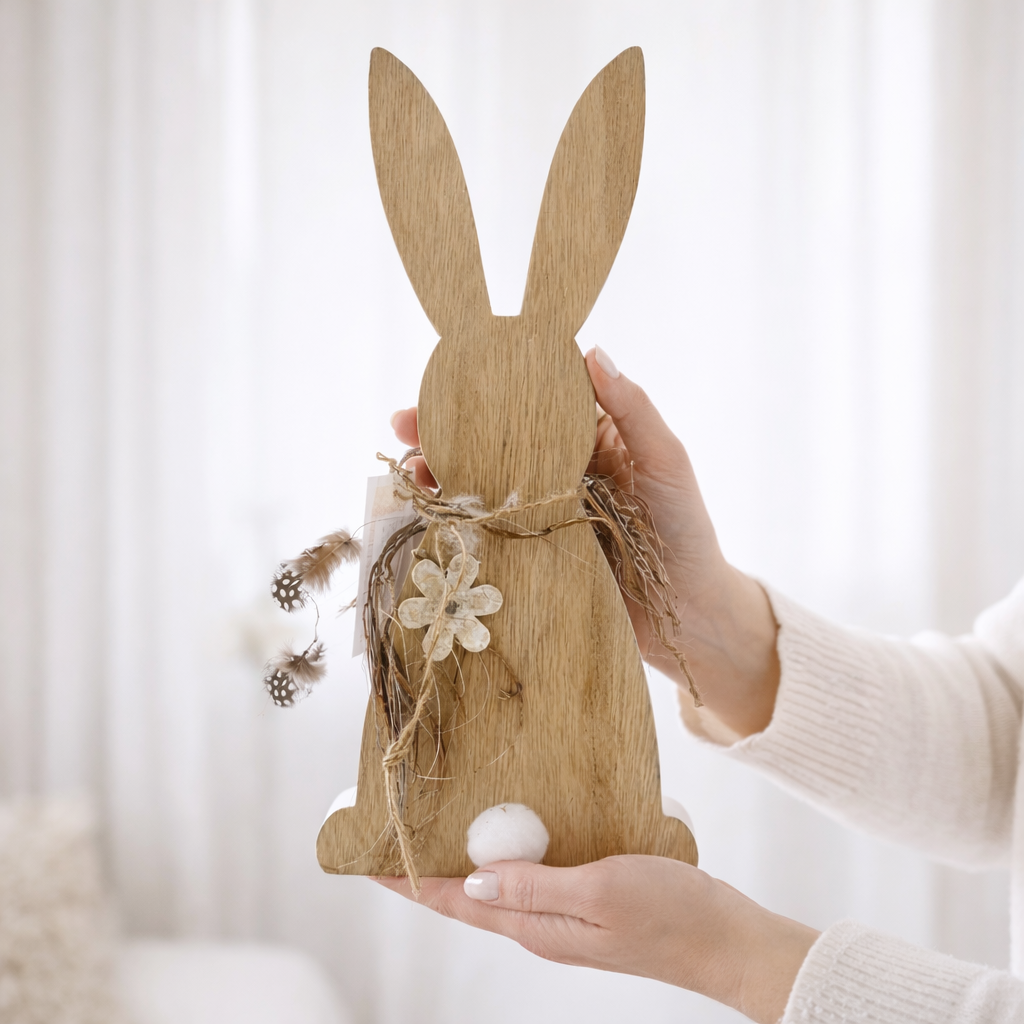 Osterhase aus Holz wird in den Händen gehalten, Größenvergleich und natürliche Holzmaserung sichtbar
