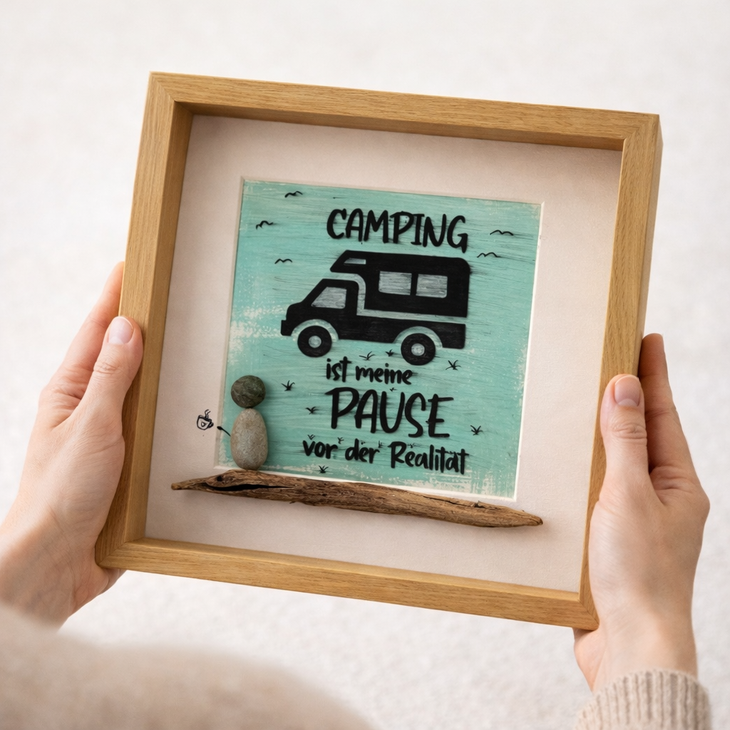 Camping Bilderrahmen Treibholz 27x27 cm Vanlife Deko wird in Händen gehalten von Treibholzzauber79