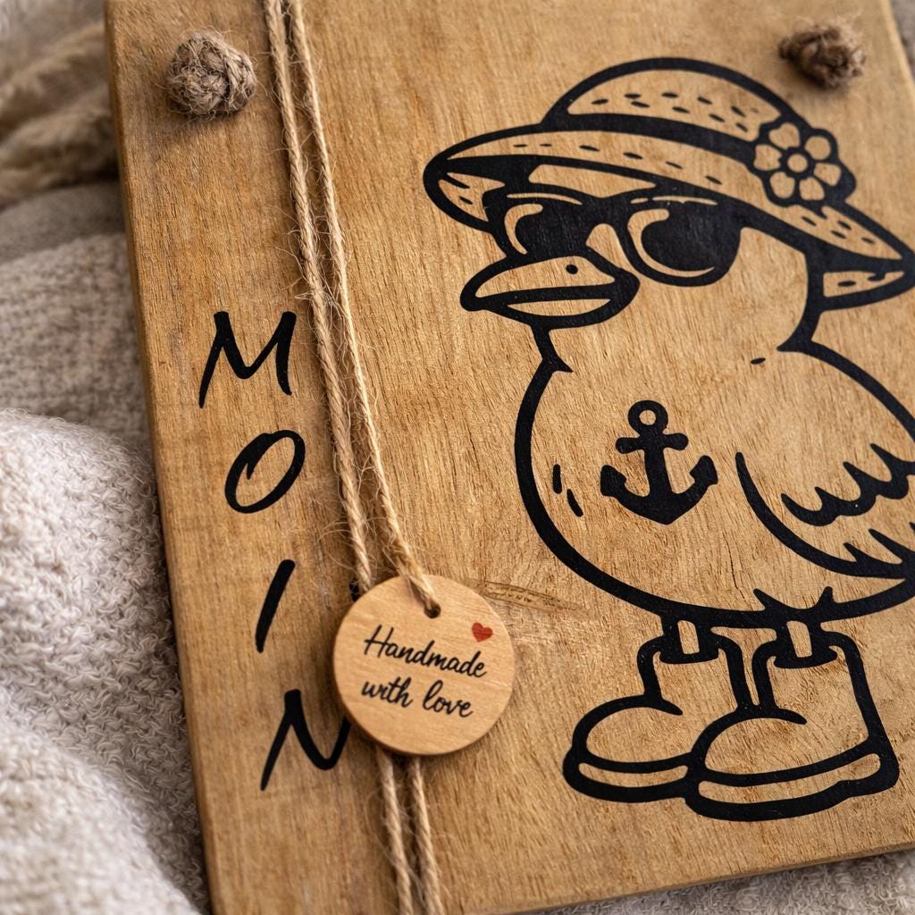 Detail Holzschild Möwe mit Anker und Schriftzug Moin auf Eichenholz maritime Deko