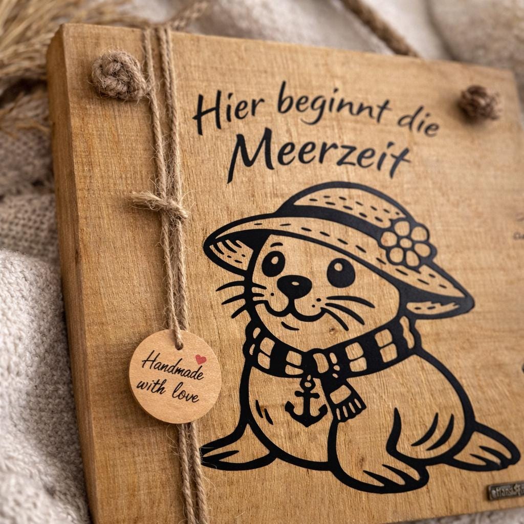 Detailaufnahme Holzschild Hier beginnt die Meerzeit aus massivem Eichenholz mit Seehund Motiv und natürlicher Holzstruktur