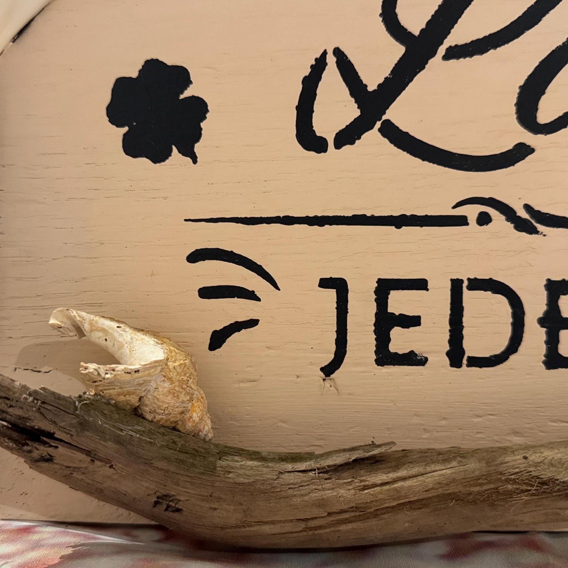 Detailaufnahme Treibholz und Muschel auf Holzschild aus alter Eiche, natürliche maritime Dekoration