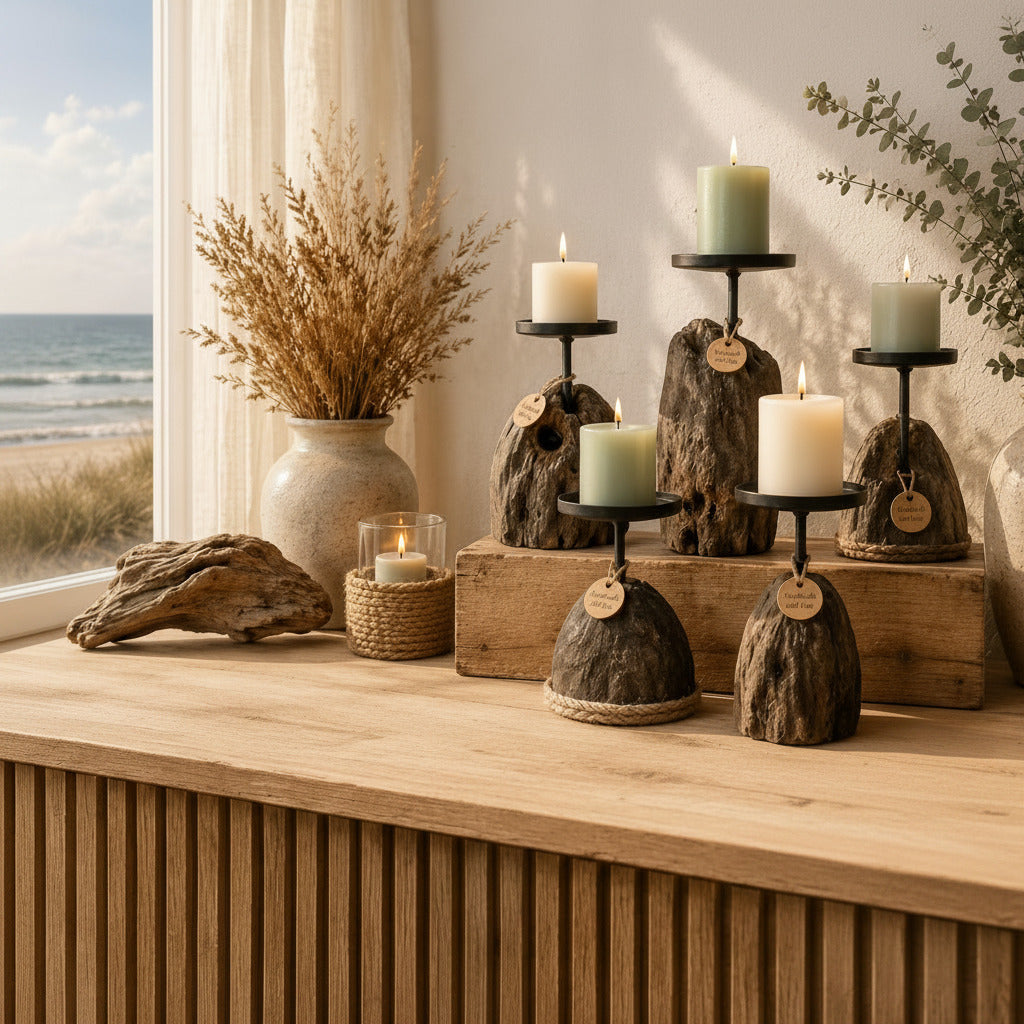 Handgefertigte Kerzenhalter aus Doggerland Holz im skandinavischen Raum