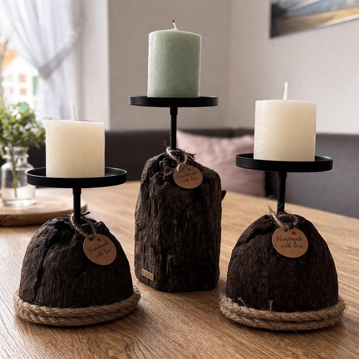 Doggerland Treibholz Kerzenhalter Set mit 3 Unikaten, maritime nordische Tischdeko aus Holz mit Kerzen