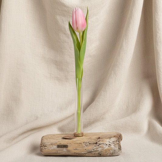 Driftwood Vase als Tischdeko im skandinavischen Stil, natürliche Holzvase mit Glas