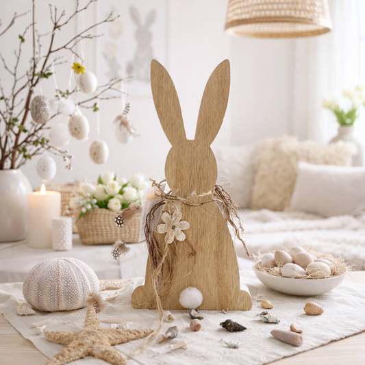 Osterhase aus Holz im skandinavischen Wohnraum, natürliche Osterdeko handgemacht in ruhigen Naturtönen