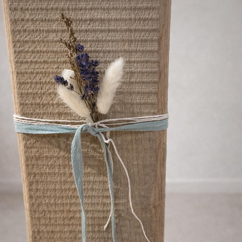 Detailaufnahme Eichenholz Kerzenhalter mit Trockenblumen, Band und natürlicher Holzoberfläche