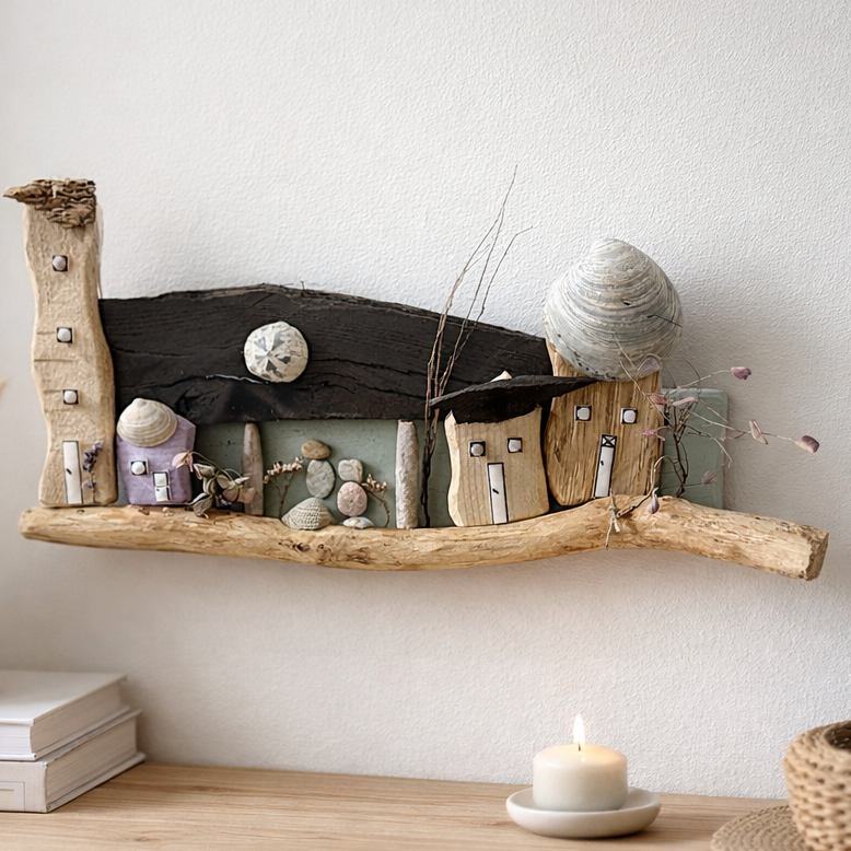 Maritime Treibholz Deko mit Fossilien, Donnerkeilen, Muscheln und versteinertem Seeigel als Wanddeko in hellem Raum