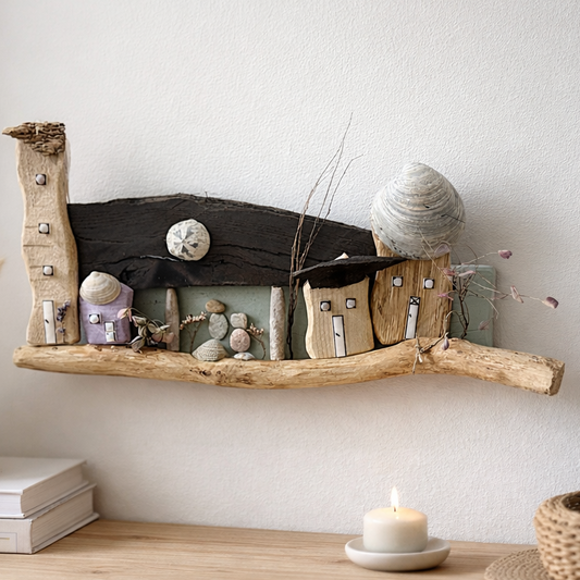 Maritime Treibholz Deko mit Fossilien, Donnerkeilen, Muscheln und versteinertem Seeigel als Wanddeko in hellem Raum