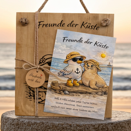 Freunde der Küste Holzschild mit Postkarte Milo und Mila, maritimes Wandbild aus Holz, handgemachte Küstendeko Set