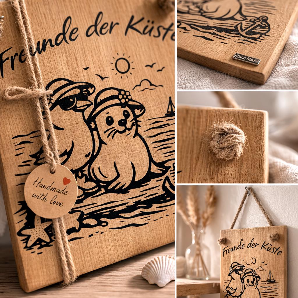 Detailaufnahme maritimes Holzschild Freunde der Küste mit Gravur Möwe Seehund und natürlicher Holzstruktur