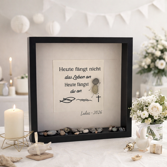 Geschenke zur Konfirmation personalisiert mit christlichem Spruch und Steinfigur, personalisiert mit Name und Jahr.