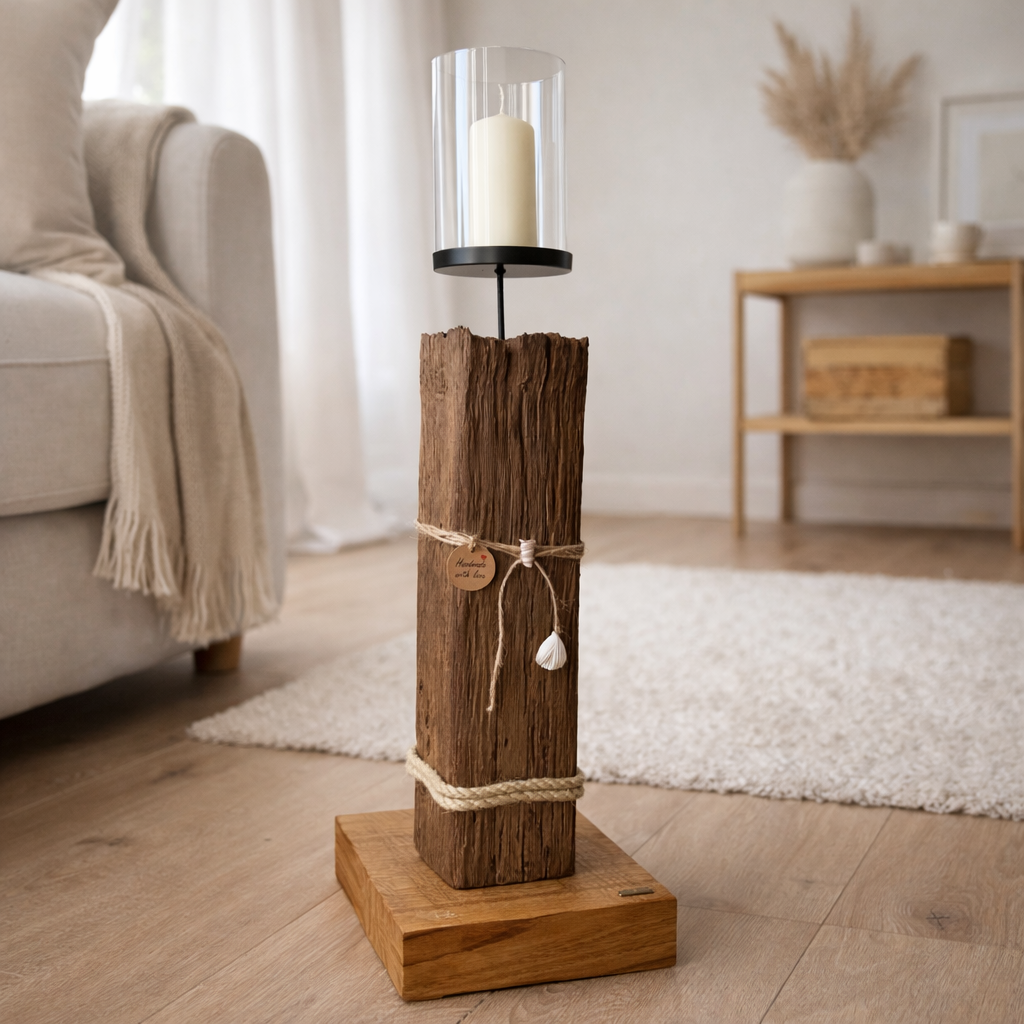 Glaszylinder Kerzenhalter auf Treibholz mit Stumpenkerze Im Wohnzimmer von Treibholzzauber79