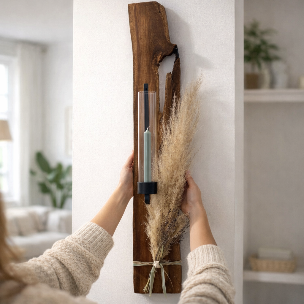 Großer Wandkerzenhalter aus Räuchereiche wird in den Händen gehalten – Größenvergleich im Wohnraum