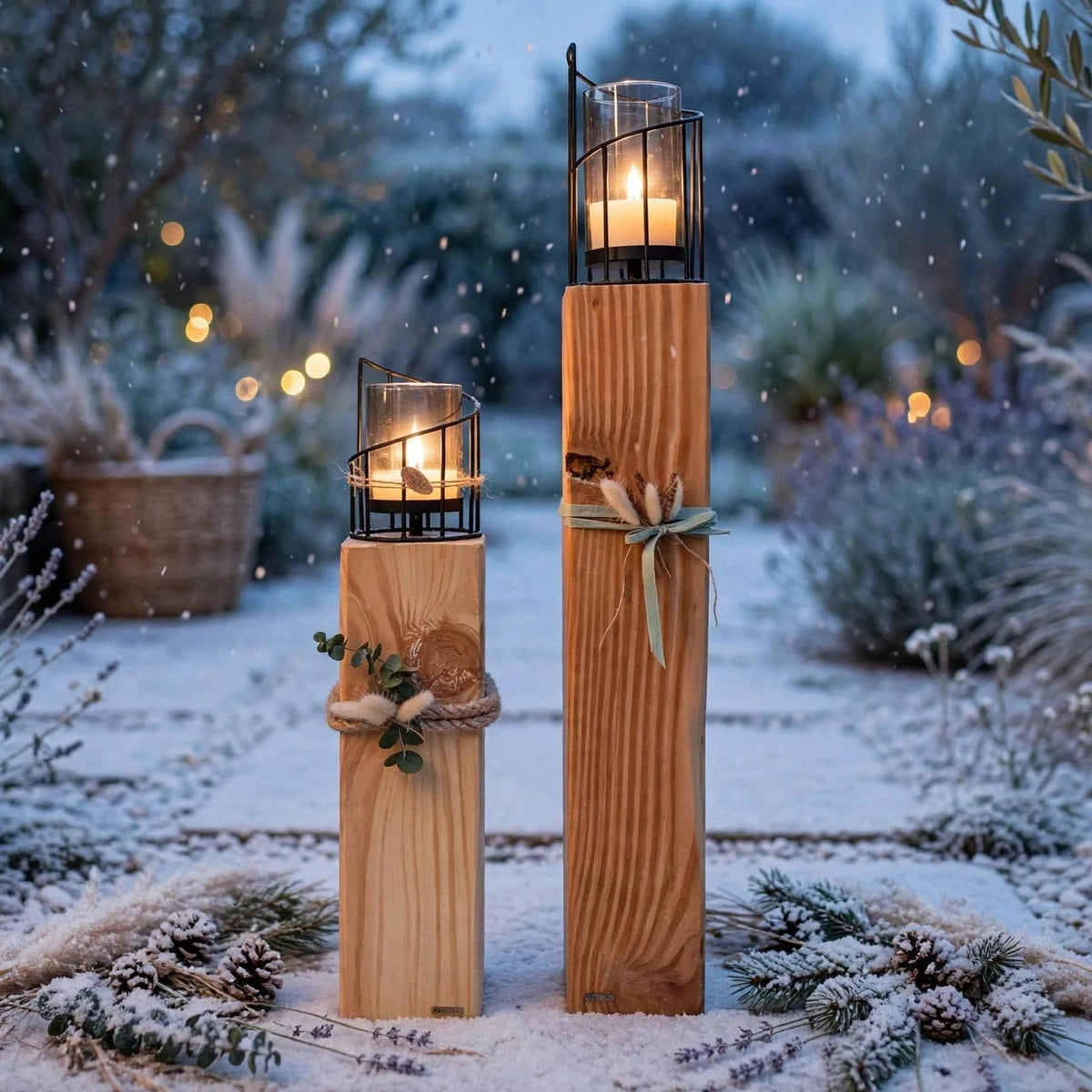 Hoher Kerzenhalter aus Lärchenholz im winterlichen Garten.