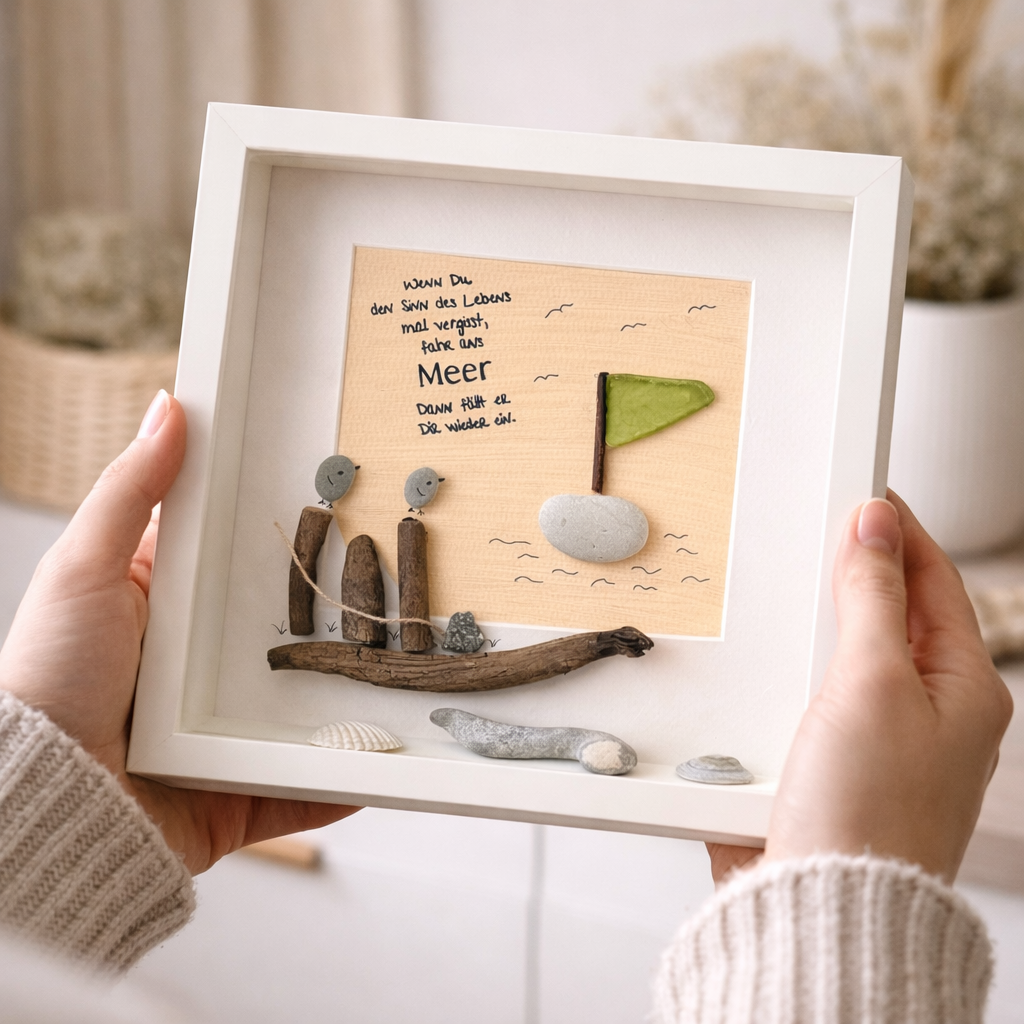 Handgefertigter Treibholz Bilderrahmen 27x27 cm mit Meer Spruch, Natursteinen und Muscheln wird in den Händen gehalten