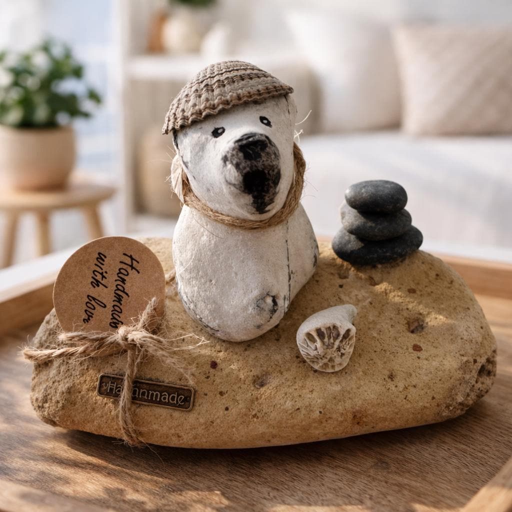 Handgemachte Steinfigur Hund auf Naturstein mit Fossil und Muschel, maritime Deko im skandinavischen Stil, Unikat Geschenk