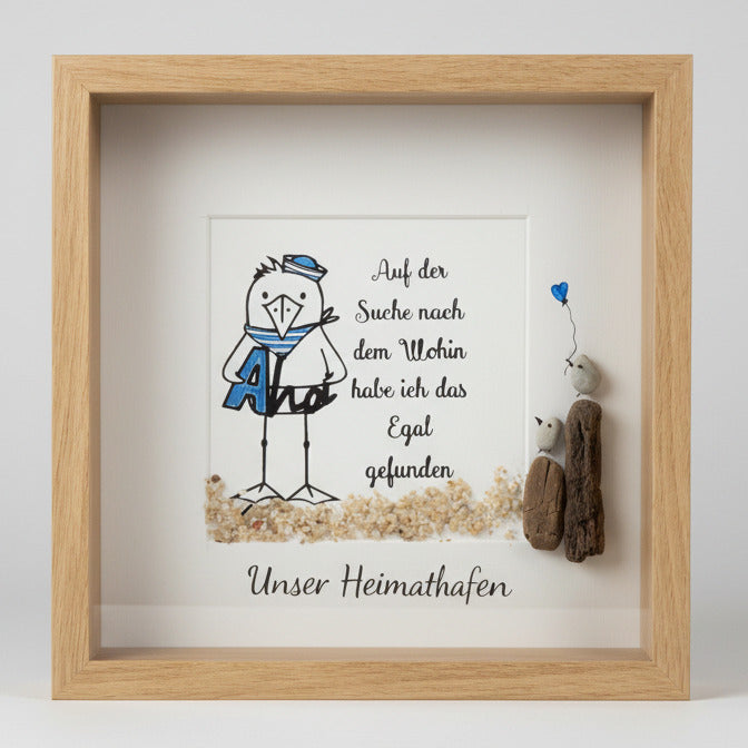Heimathafen personalisiert - maritimes Rahmenbild mit Möwe, Steinvögeln und Treibholz Dekoration von Treibholzzauber79