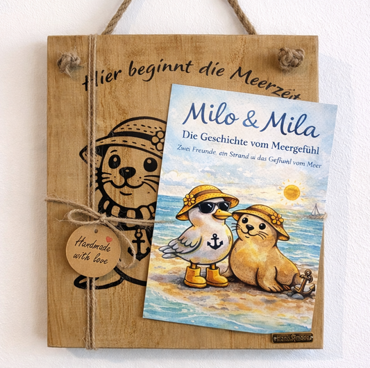 Hier beginnt die Meerzeit Holzschild mit Postkarte Mila, maritime Wanddeko Holz Set, nordisches Küstengeschenk handgemacht