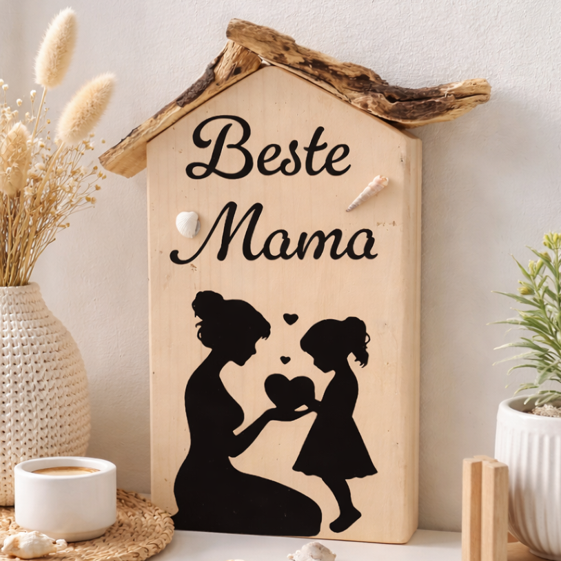 Kleines beste Mama Holzhaus mit Mutter-Tochter-Motiv, skandinavische Wanddeko aus Naturholz und Treibholz handgefertigt