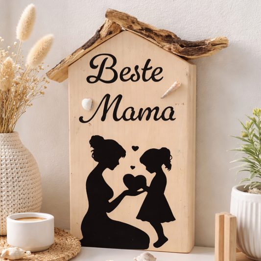 Kleines beste Mama Holzhaus mit Mutter-Tochter-Motiv, skandinavische Wanddeko aus Naturholz und Treibholz handgefertigt