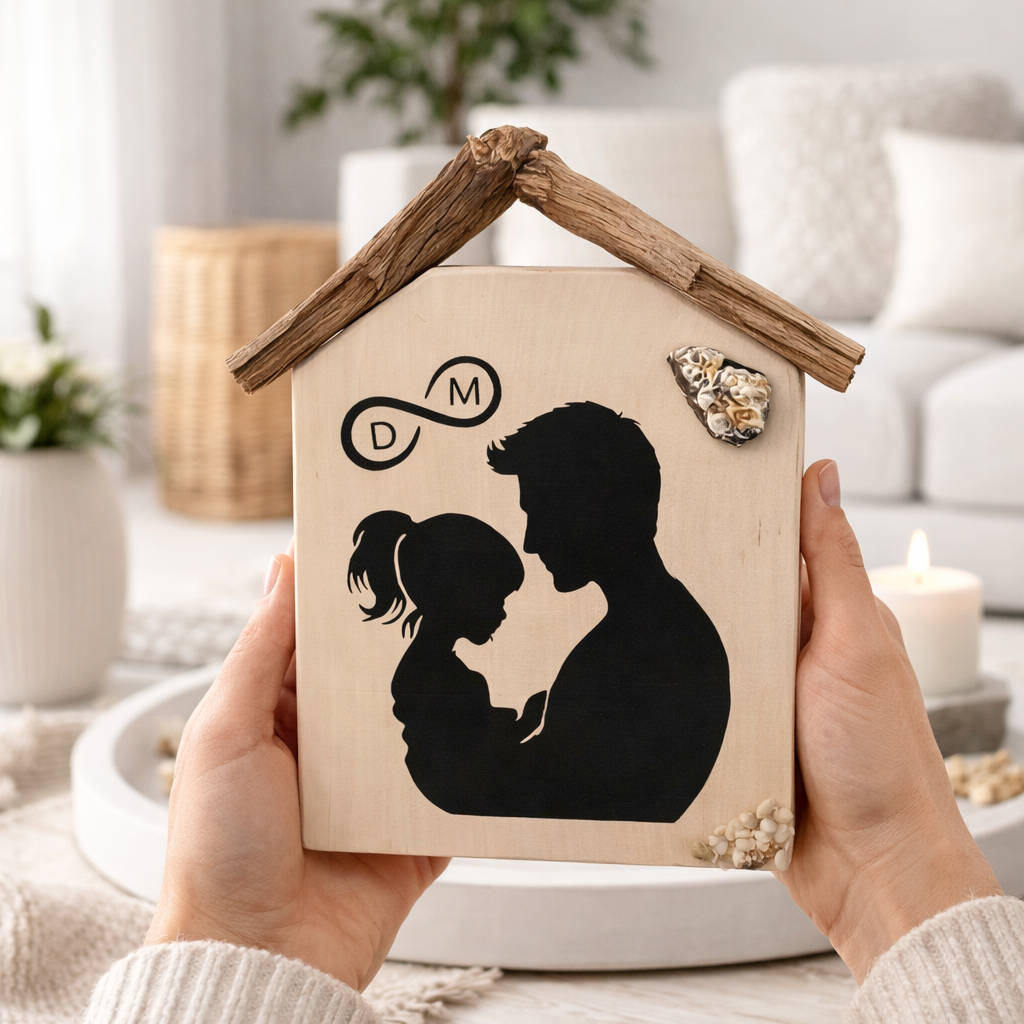 Person hält kleines Holzhaus mit Vater-Kind-Motiv in hellem skandinavischem Wohnraum