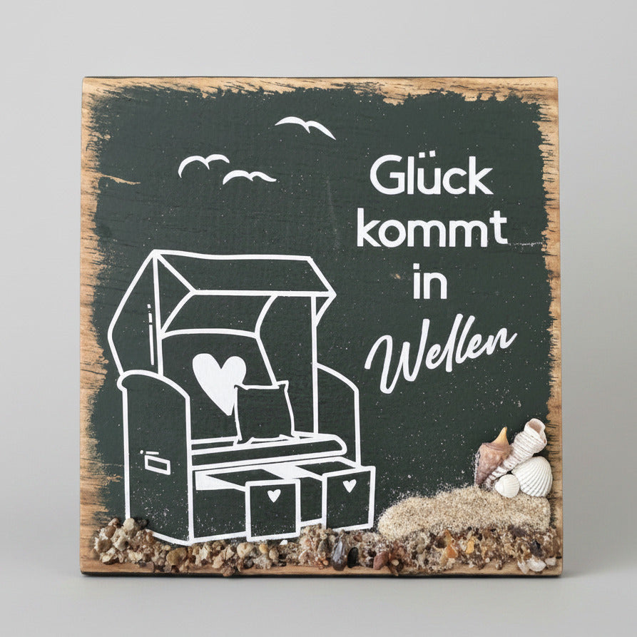 Holzschild „Glück kommt in Wellen“ aus Eiche | Maritime Deko mit Ostsee Steinen