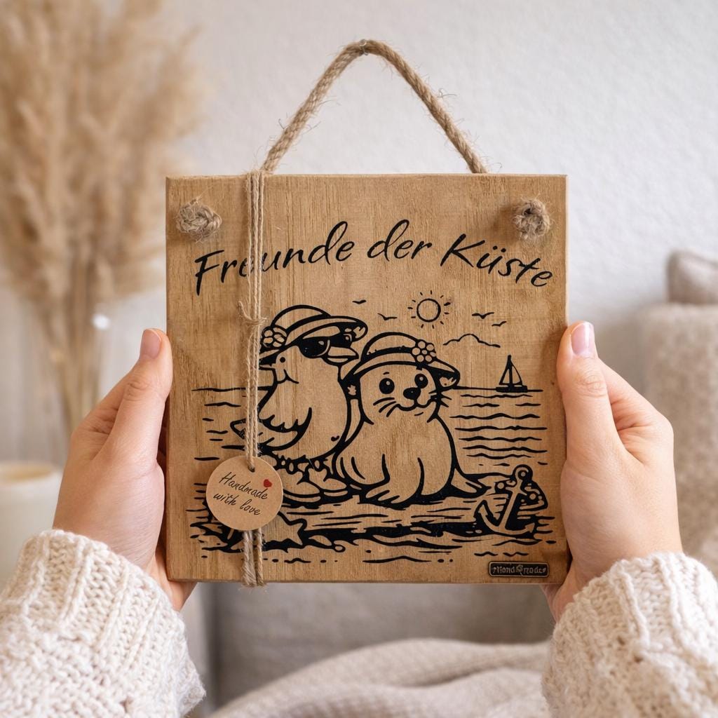 Größenvergleich Holzschild Freunde der Küste 18x20 cm in den Händen gehalten maritime Deko von Treibholzzauber79