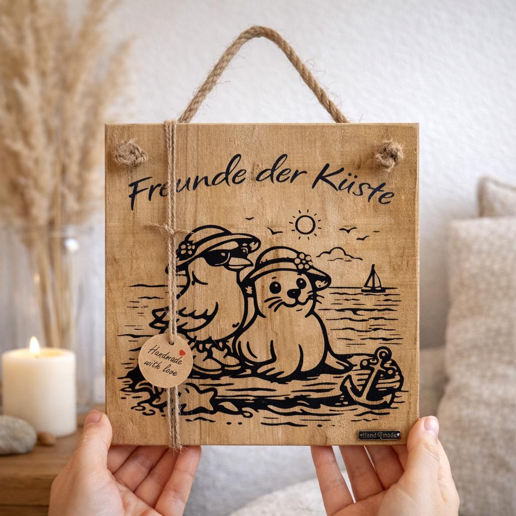 Holzschild Freunde der Küste mit Möwe und Seehund maritime Holzdeko handgemacht