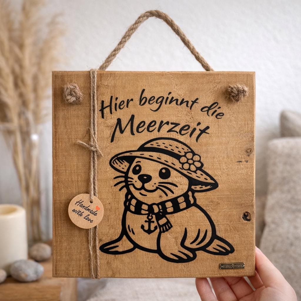 Holzschild Meerzeit mit Seehund Motiv maritime Wanddeko aus Holz nordischer Stil