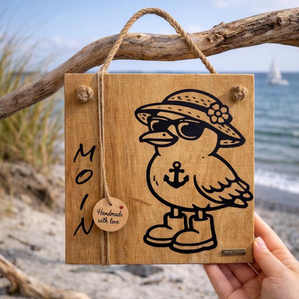 Holzschild Moin Möwe am Strand fotografiert maritime Küstendeko aus Eichenholz